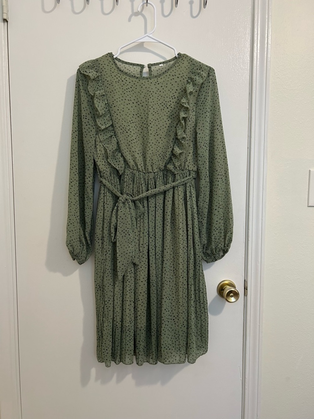 SHEIN Olive Green Polka Dot Ruffle Midi Dress EUC size S